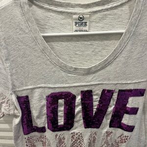 PINK Victoria's Secret Vintage White Tee with Purple Sequin LOVE